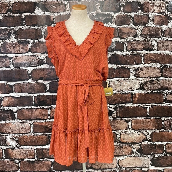 Ryegrass Dress NWT V Neck Ruffles Knee Length Foxtail Orange XX Large XXL - Picture 6 of 17